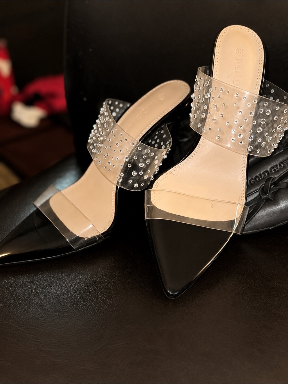 Wild Diva Black Pointed Clear Studded Mule